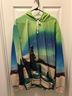 Aurora Landscape Pullover Hoodie - Green/Blue